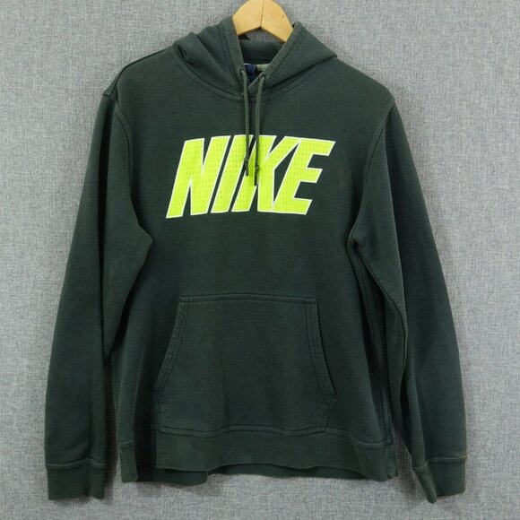 Nike Sz M Gray Hoodie Sweatshirt Neon Yellow Logo Fleece Pullover Cotton Blend - Picture 1 of 11
